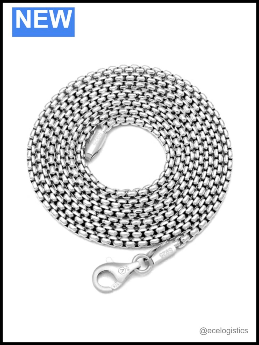 Sterling Silver 925 Venetian Box Link Chain Necklace 24 Inch Rhodium Plated
